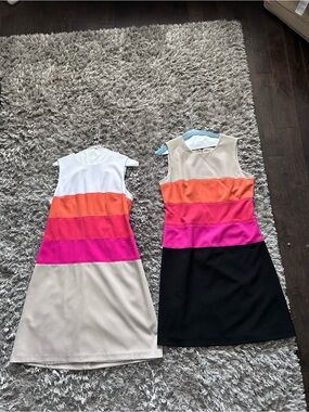 Calvin Klein Colorblock Zip Front Shift Dress in Beige, Black & Orange